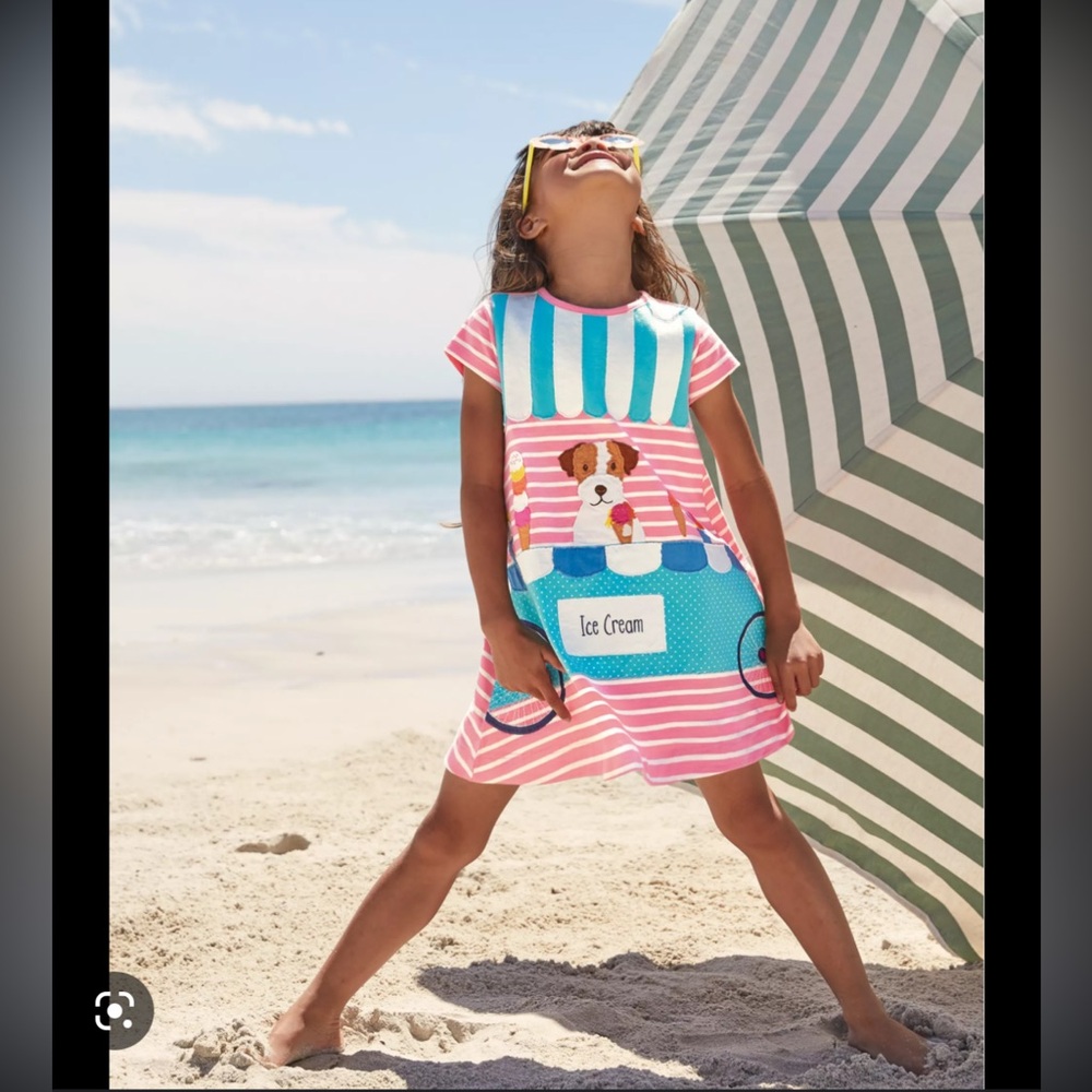 Boden Pink Stripe Dog and Ice Cream Cart Appliqué Dress